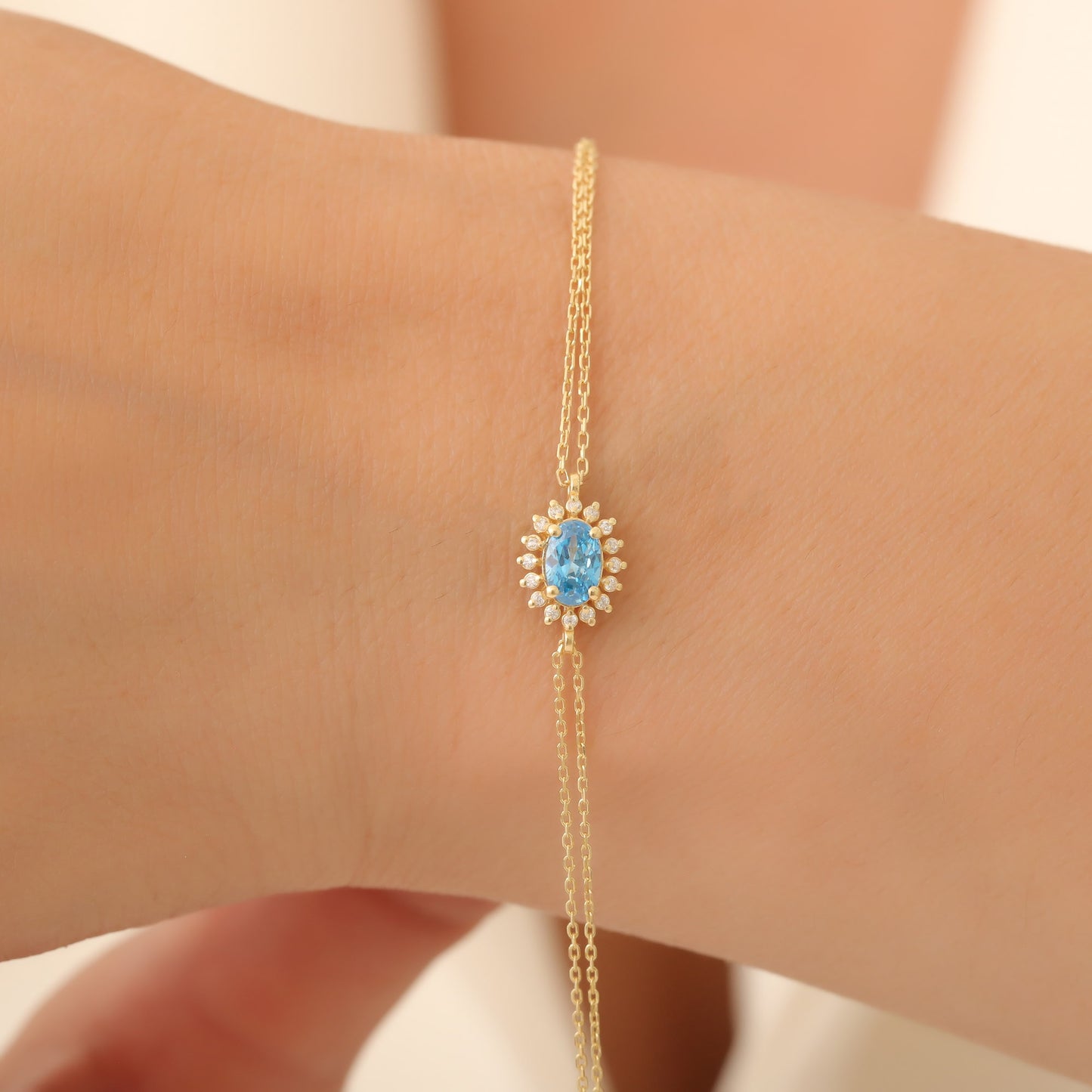 Blue Topaz Oval Bracelet 8K/10K/14K Solid Gold Surrounded by Real Diamonds, December Birthstone Gift