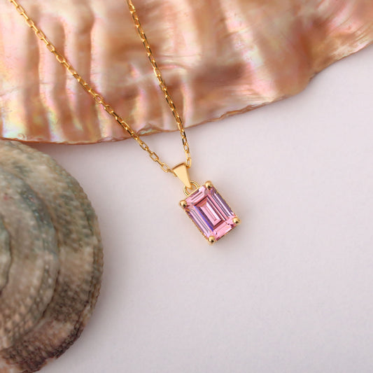 Rectangle Pink Tourmaline Necklace in 14K Solid Gold, October Birthstone Pendant Queen Jewelry Necklace