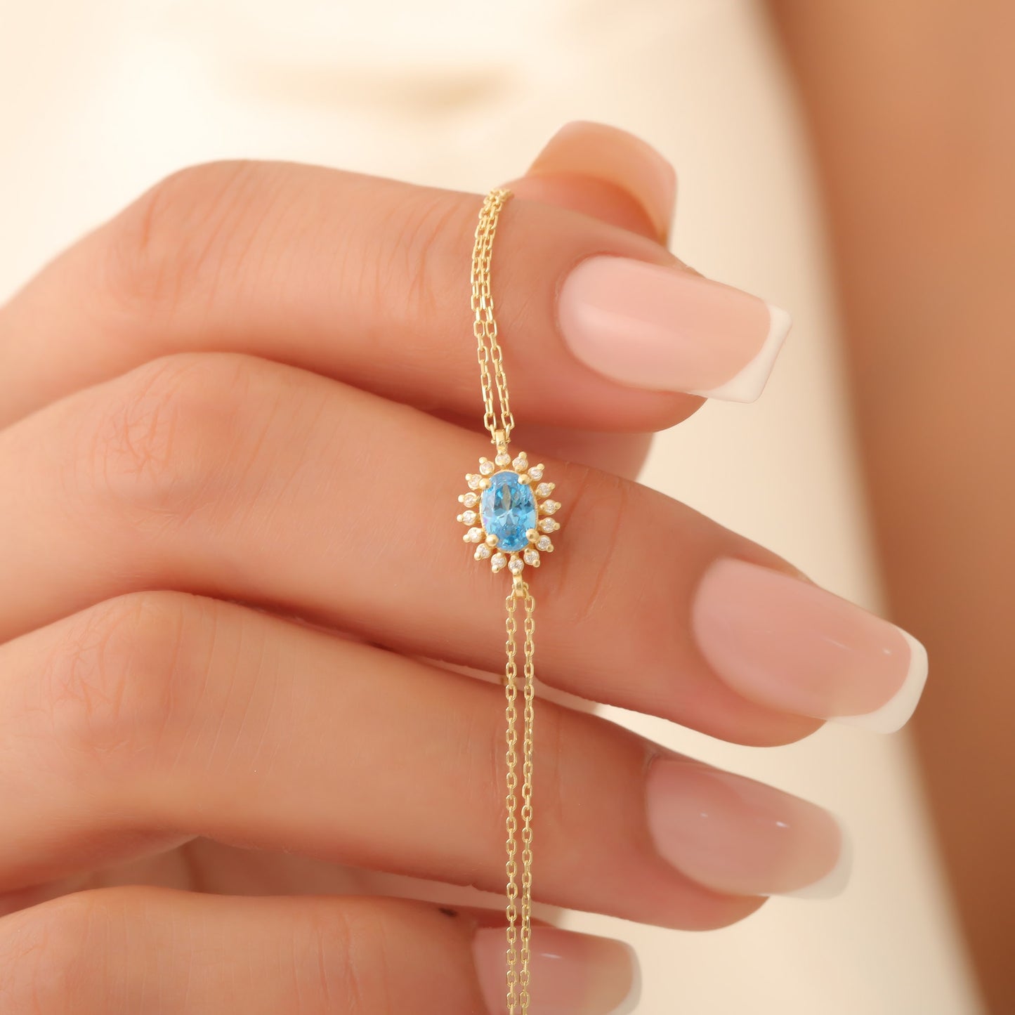 Blue Topaz Oval Bracelet 8K/10K/14K Solid Gold Surrounded by Real Diamonds, December Birthstone Gift