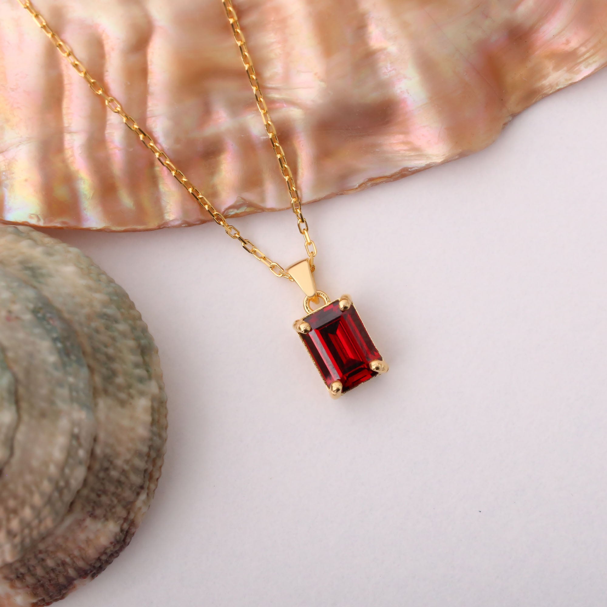 Rectangle Garnet Necklace in 14K Solid Gold, January Birthstone Pendant Queen Jewelry Necklace