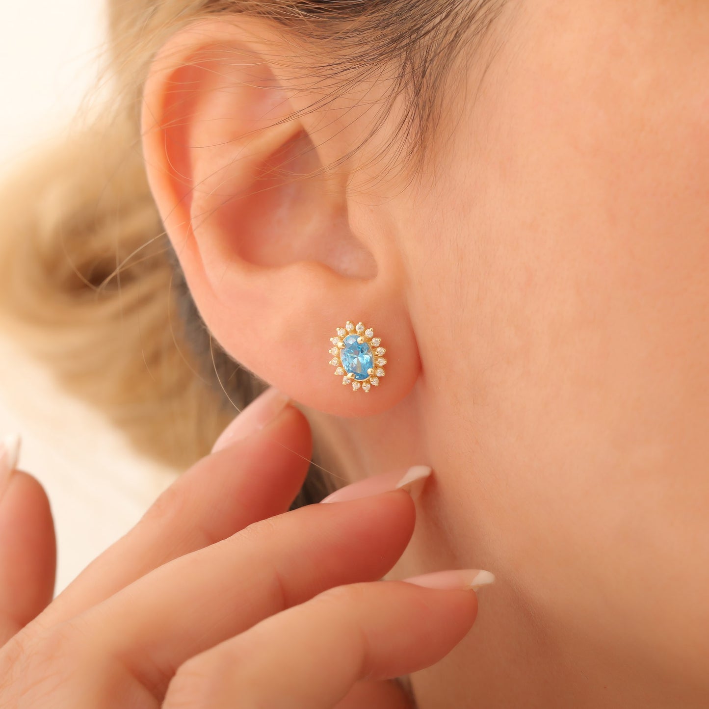 Oval Cut Blue Topaz Stud Earring Surrounded by Real Diamonds, 10K/14K Solid Gold, December Birthstone