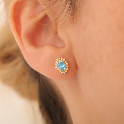 Oval Cut Blue Topaz Stud Earring Surrounded by Real Diamonds, 10K/14K Solid Gold, December Birthstone
