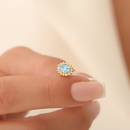 Oval Cut Blue Topaz Stud Earring Surrounded by Real Diamonds, 10K/14K Solid Gold, December Birthstone