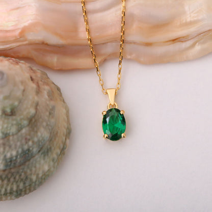 Emerald Oval Necklace in 14K Solid Gold | May Birthstone Pendant Queen Jewelry Necklace