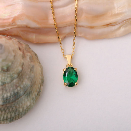 Emerald Oval Necklace in 14K Solid Gold | May Birthstone Pendant Queen Jewelry Necklace