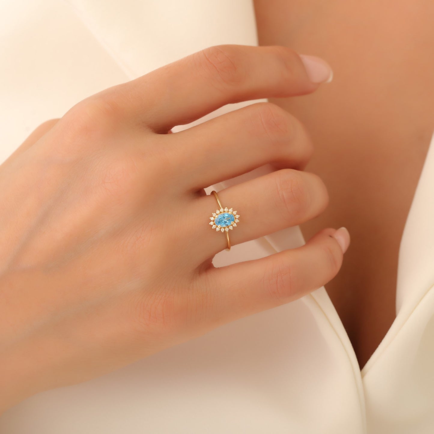 Blue Topaz Oval Ring 8K/10K/14K Solid Gold Surrounded by Real Diamonds, December Birthstone Gift