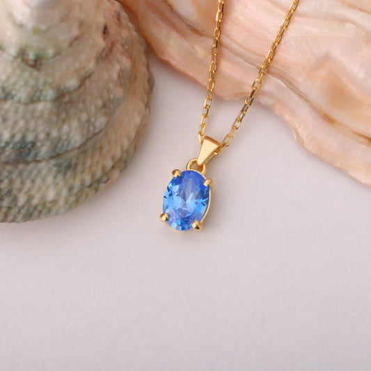 Blue Topaz Oval Necklace in 14K Solid Gold | December Birthstone Pendant Queen Jewelry Necklace