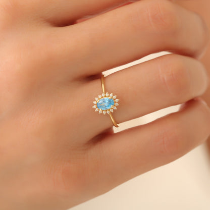 Blue Topaz Oval Ring 8K/10K/14K Solid Gold Surrounded by Real Diamonds, December Birthstone Gift