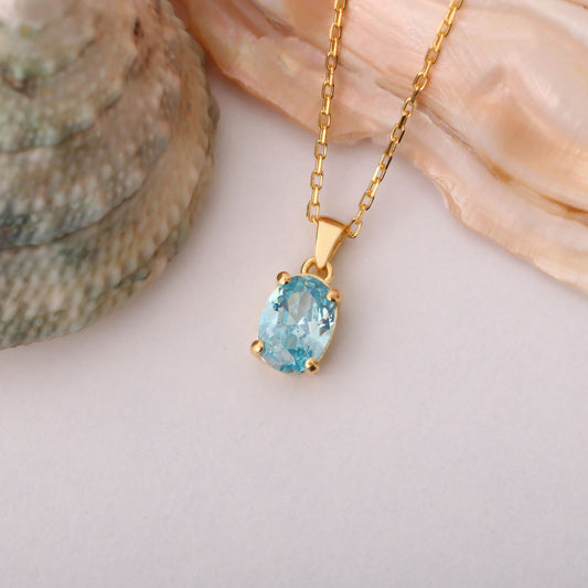 Aquamarine Oval Necklace in 14K Solid Gold | March Birthstone Pendant Queen Jewelry Necklace