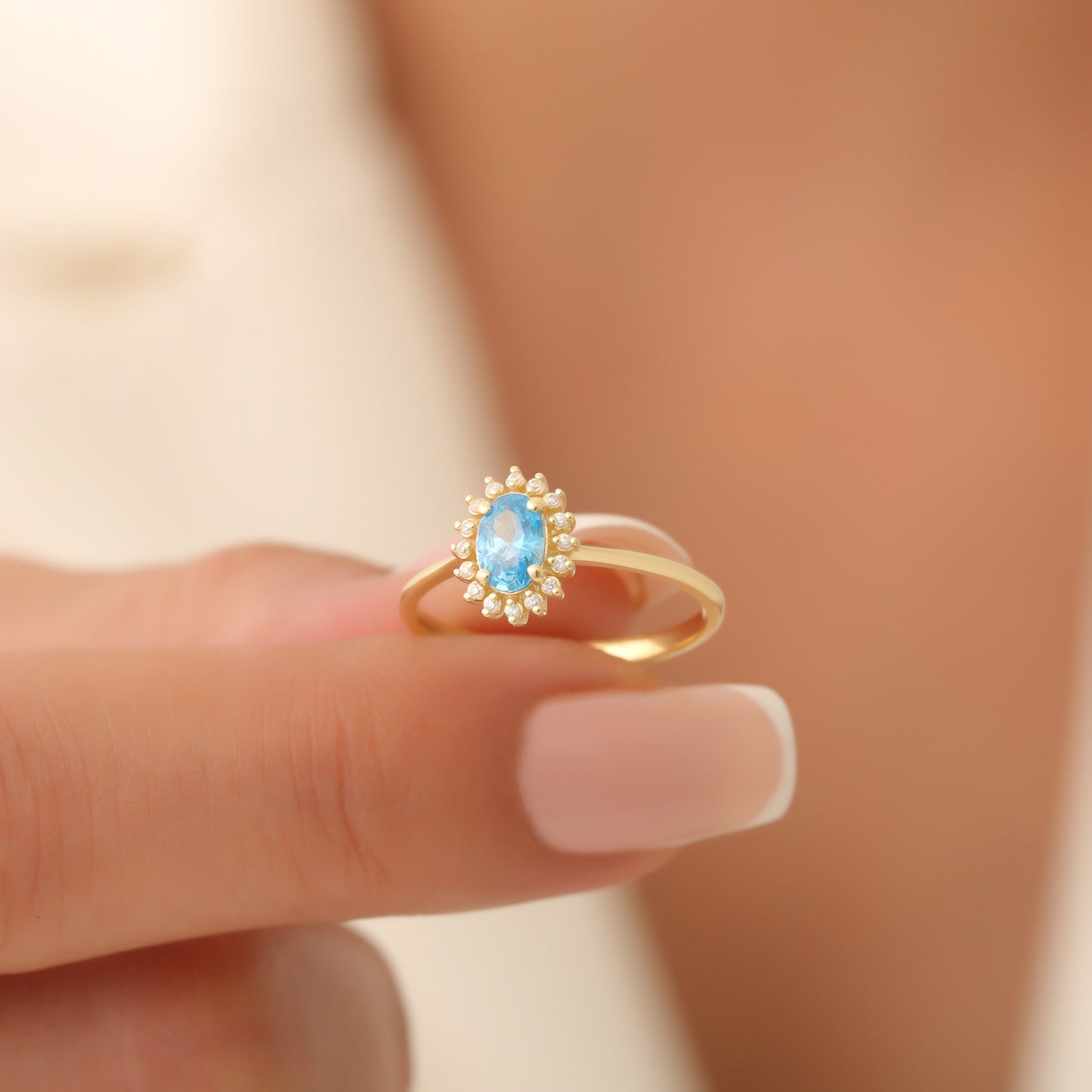 Blue Topaz Oval Ring 8K/10K/14K Solid Gold Surrounded by Real Diamonds, December Birthstone Gift