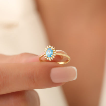 Blue Topaz Oval Ring 8K/10K/14K Solid Gold Surrounded by Real Diamonds, December Birthstone Gift