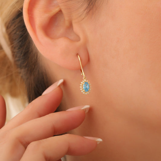 Oval Cut Blue Topaz Dangling Earring Surrounded by Real Diamonds, 8K/10K/14K Solid Gold, December Birthstone
