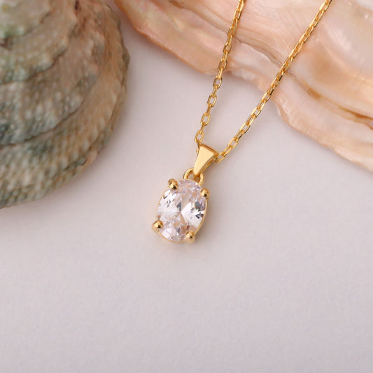 White Topaz Oval Necklace in 14K Solid Gold | April Birthstone Pendant Queen Jewelry Necklace