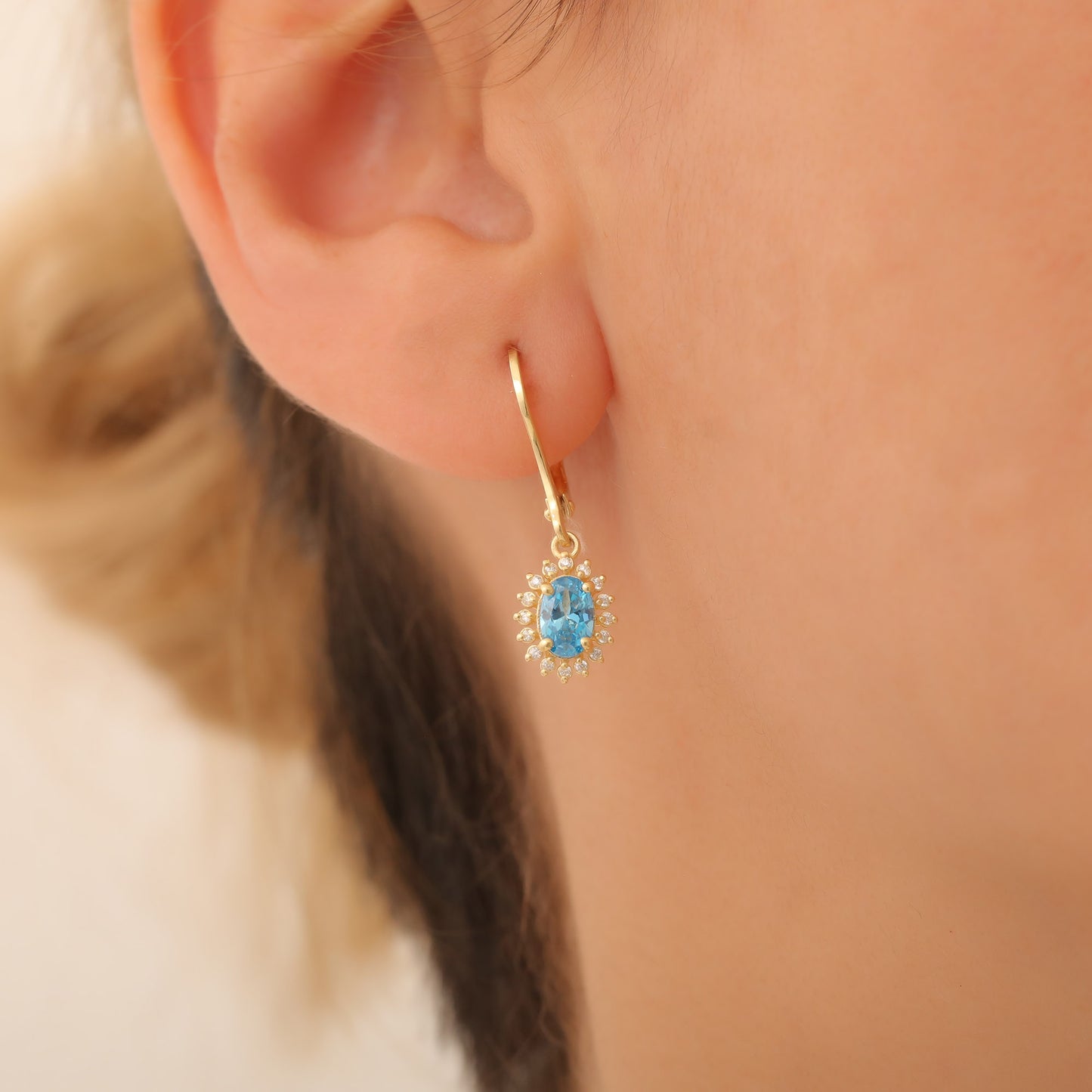 Oval Cut Blue Topaz Dangling Earring Surrounded by Real Diamonds, 8K/10K/14K Solid Gold, December Birthstone