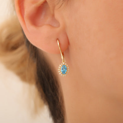Oval Cut Blue Topaz Dangling Earring Surrounded by Real Diamonds, 8K/10K/14K Solid Gold, December Birthstone