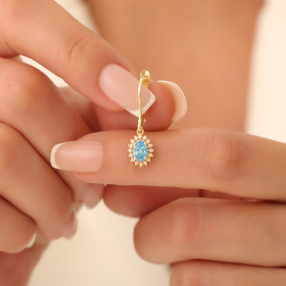 Oval Cut Blue Topaz Dangling Earring Surrounded by Real Diamonds, 8K/10K/14K Solid Gold, December Birthstone