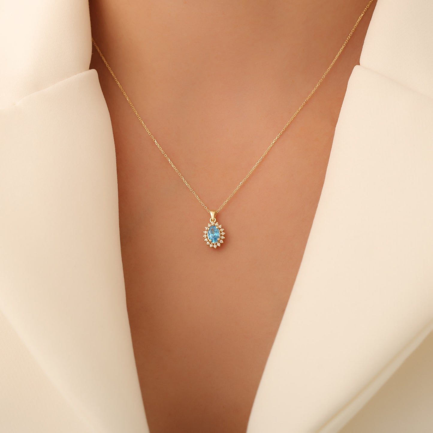 Oval Cut Blue Topaz Necklace with Real Diamonds, 10K/14K Solid Gold, December Birthstone Pendant