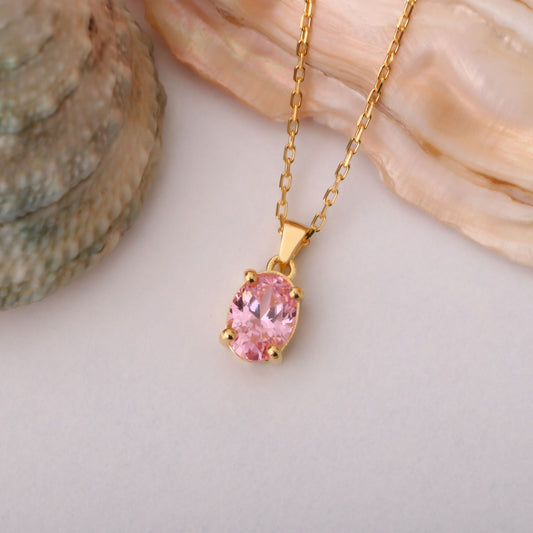 Pink Tourmaline Oval Necklace in 14K Solid Gold | October Birthstone Pendant Queen Jewelry Necklace