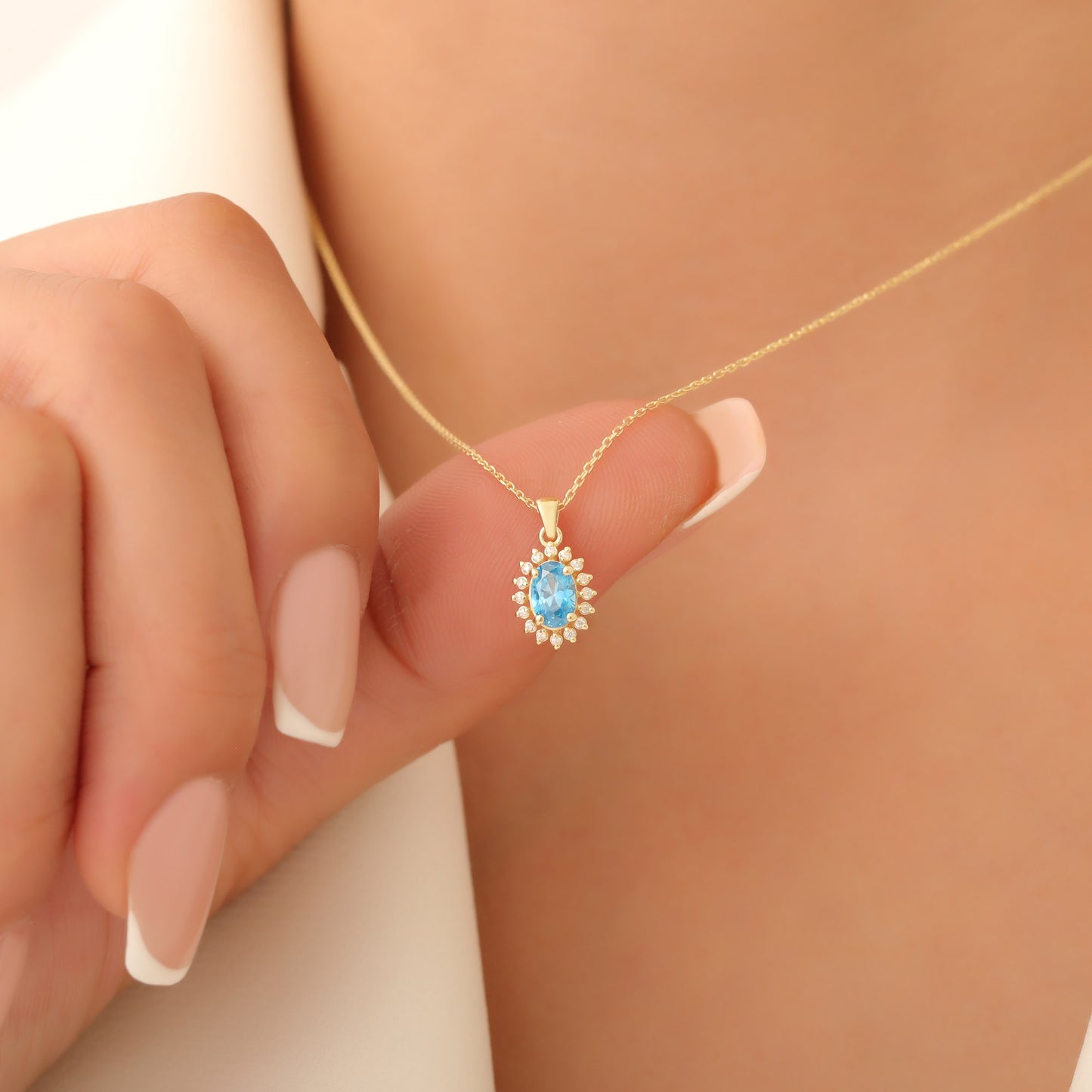 Oval Cut Blue Topaz Necklace with Real Diamonds, 10K/14K Solid Gold, December Birthstone Pendant