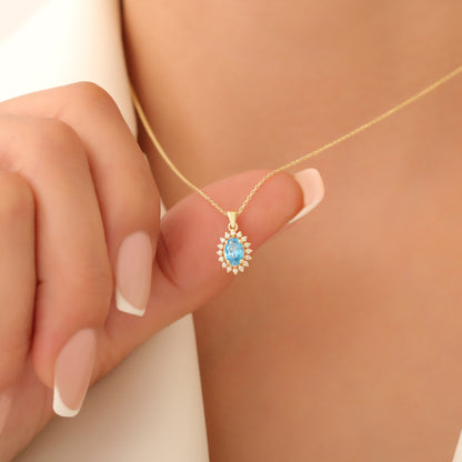 Oval Cut Blue Topaz Necklace with Real Diamonds, 10K/14K Solid Gold, December Birthstone Pendant