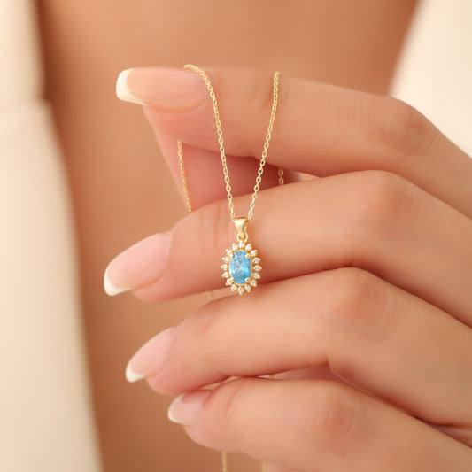Oval Cut Blue Topaz Necklace with Real Diamonds, 10K/14K Solid Gold, December Birthstone Pendant