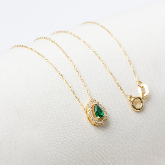 Emerald Drop Necklace in 14K Solid Gold with Real Diamonds Surrounded, May Birthstone Jewelry