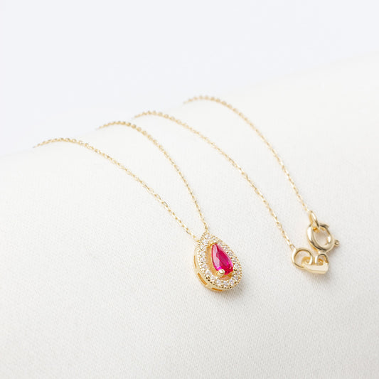 Ruby Drop Necklace in 14K Solid Gold with Real Diamonds Surrounded, July Birthstone Jewelry