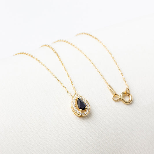 Sapphire Drop Necklace in 14K Solid Gold with Real Diamonds Surrounded, September Birthstone Jewelry