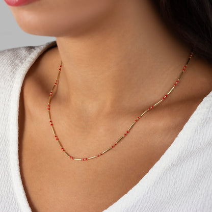 Ruby 14K Solid Gold / Silver Layered Enameled Spaced Beaded Bar Necklace, Birthstone Jewelry