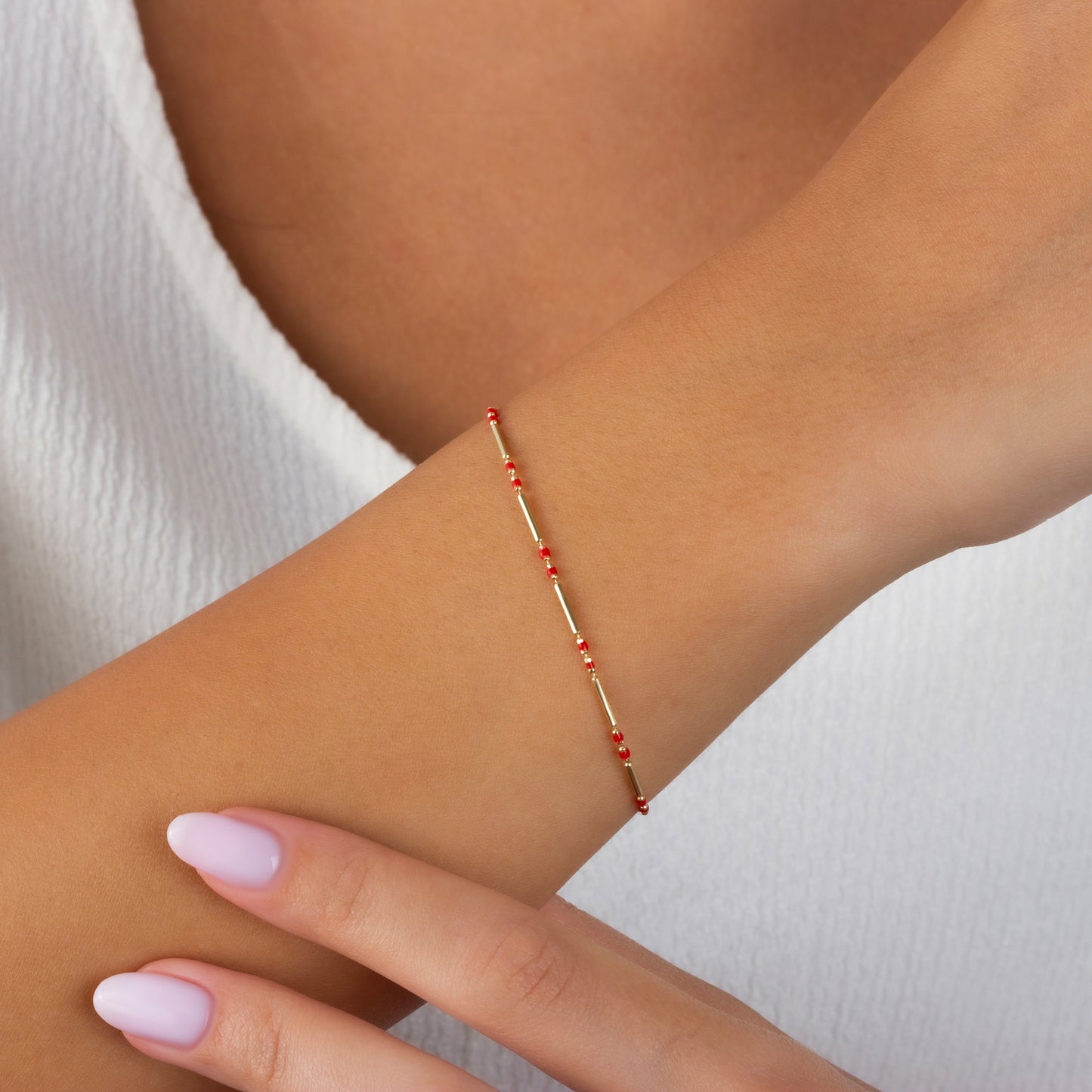 Ruby Enameled Beaded Bar Bracelet 14K Solid Gold / Silver, Layered Spaced Design