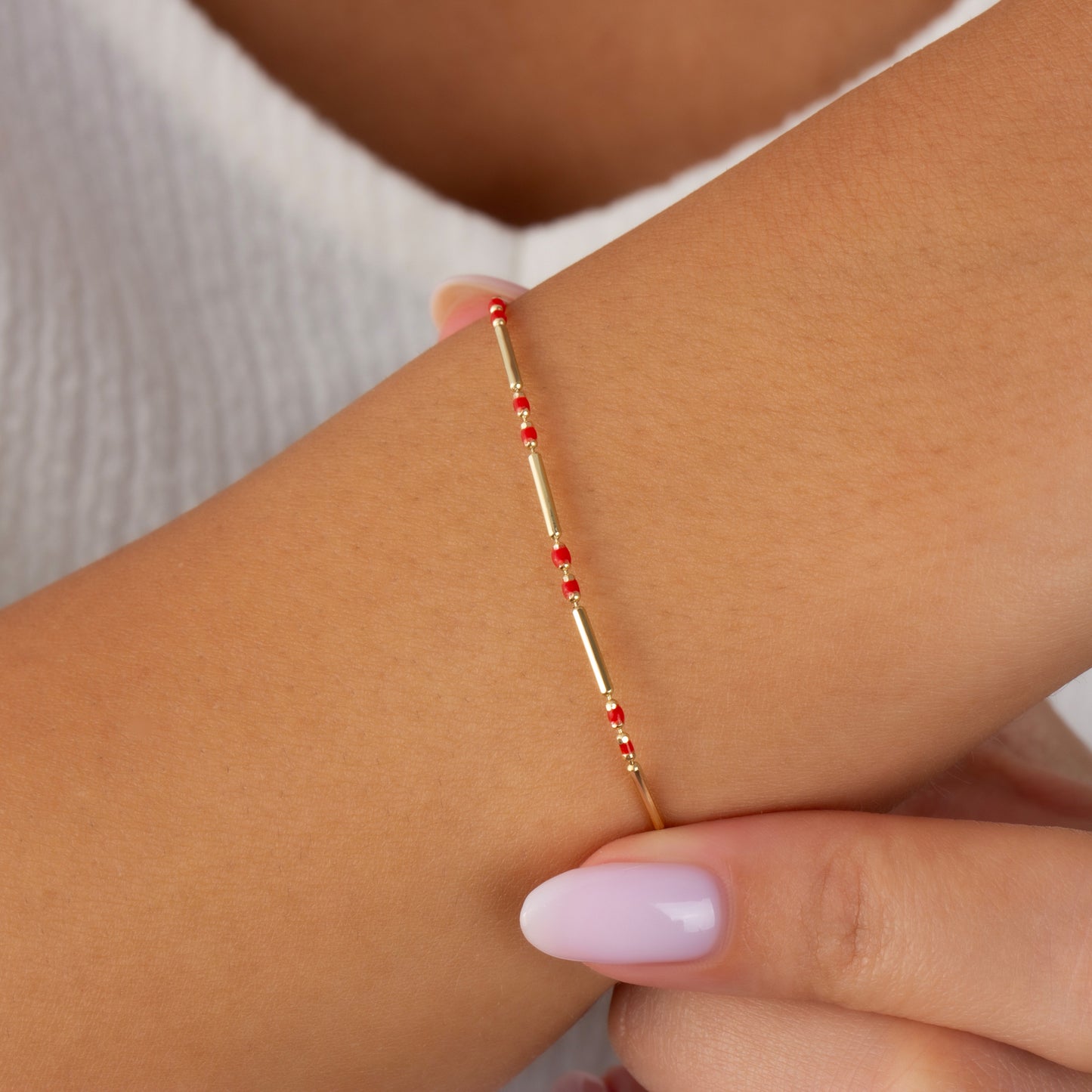 Ruby Enameled Beaded Bar Bracelet 14K Solid Gold / Silver, Layered Spaced Design