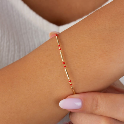 Ruby Enameled Beaded Bar Bracelet 14K Solid Gold / Silver, Layered Spaced Design