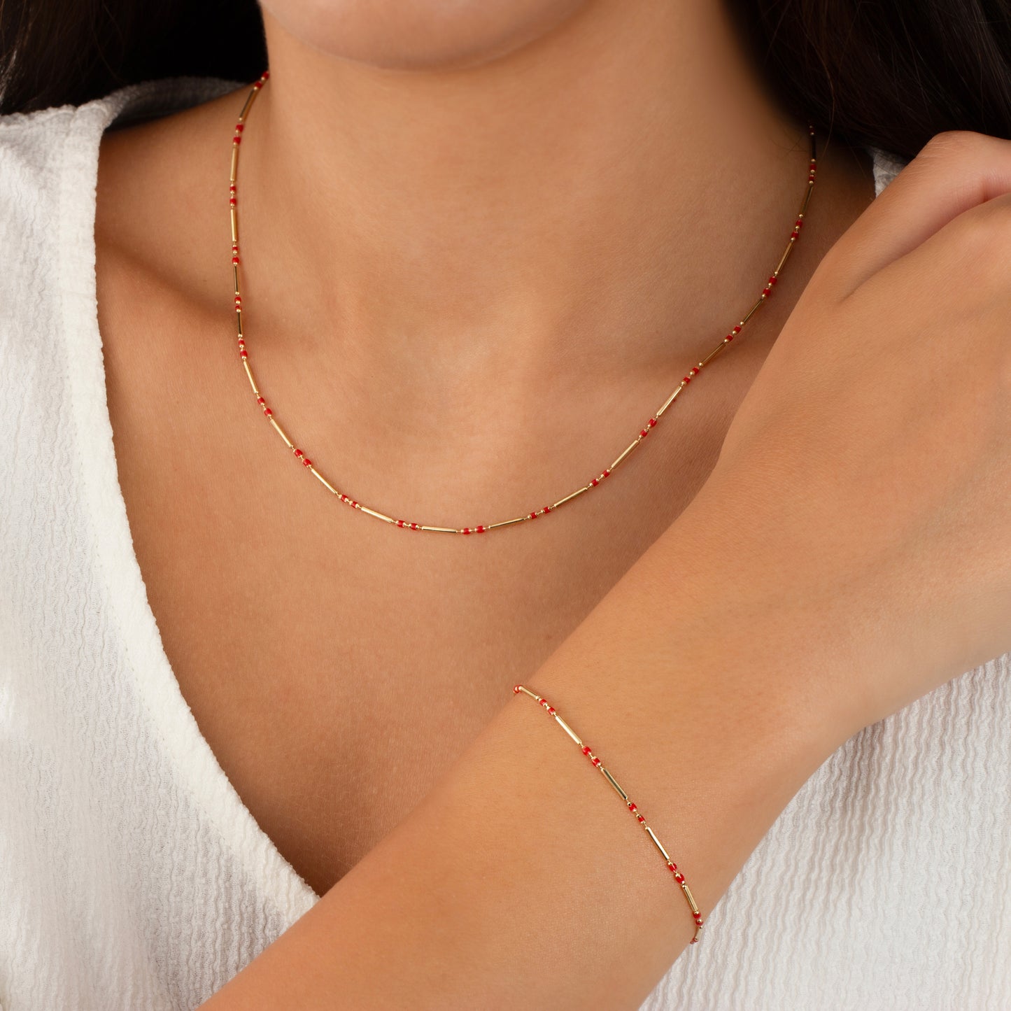 Ruby 14K Solid Gold / Silver Layered Enameled Spaced Beaded Bar Necklace, Birthstone Jewelry