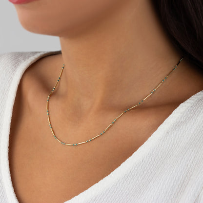 Blue Topaz 14K Solid Gold / Silver Layered Enameled Spaced Beaded Bar Necklace, Birthstone Jewelry