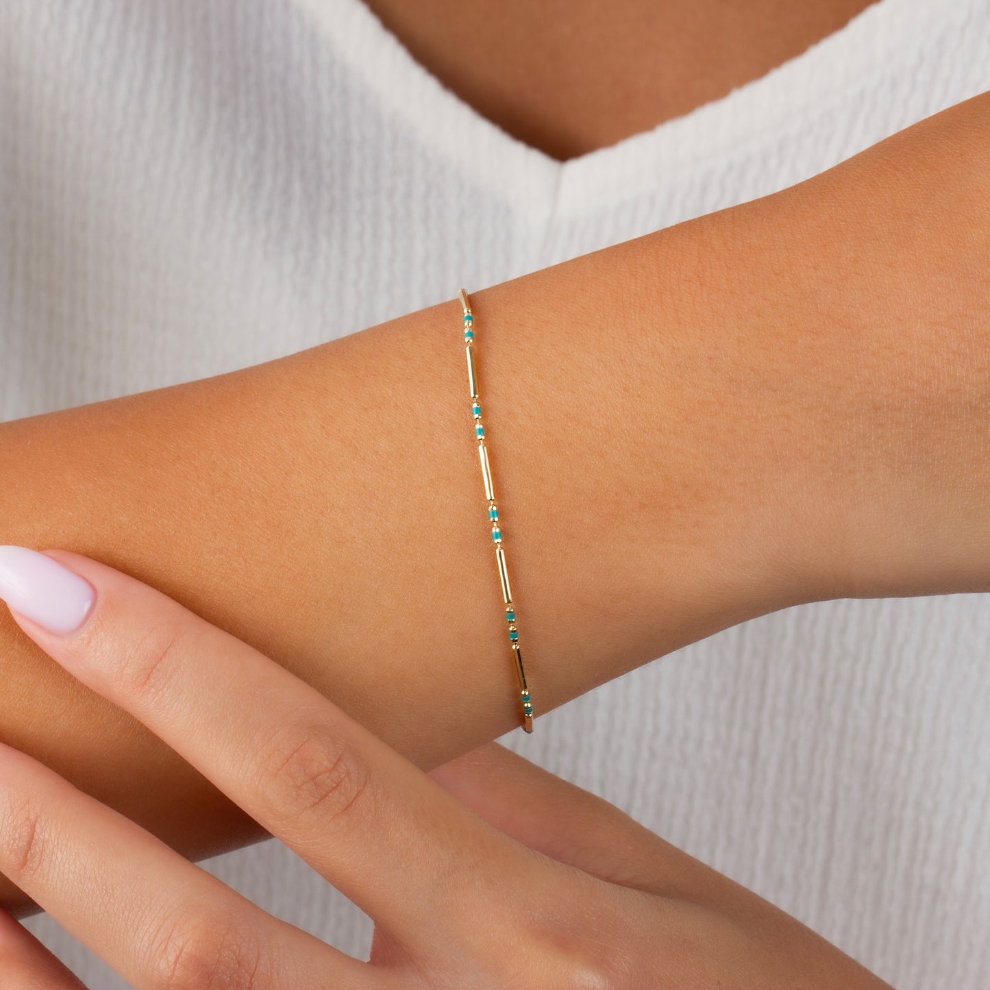 Blue Topaz Enameled Beaded Bar Bracelet 14K Solid Gold / Silver, Layered Spaced Design