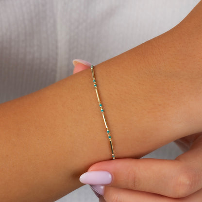 Blue Topaz Enameled Beaded Bar Bracelet 14K Solid Gold / Silver, Layered Spaced Design
