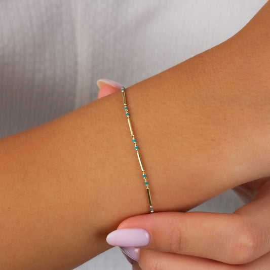 Blue Topaz Enameled Beaded Bar Bracelet 14K Solid Gold / Silver, Layered Spaced Design