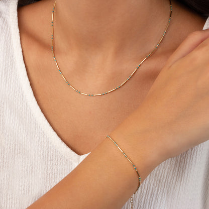 Blue Topaz 14K Solid Gold / Silver Layered Enameled Spaced Beaded Bar Necklace, Birthstone Jewelry