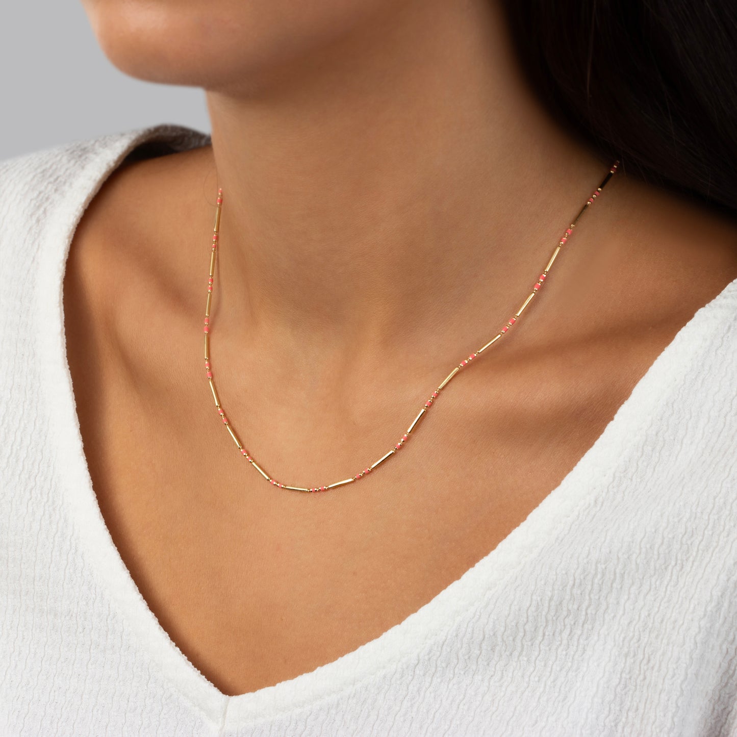 Pink Tourmaline 14K Solid Gold / Silver Layered Enameled Spaced Beaded Bar Necklace, Birthstone Jewelry