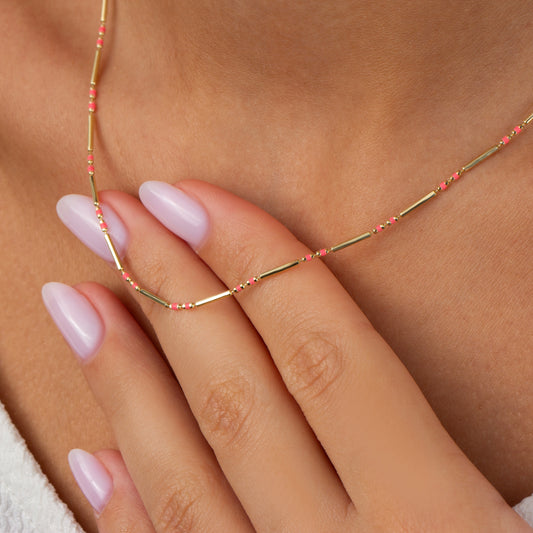 Pink Tourmaline 14K Solid Gold / Silver Layered Enameled Spaced Beaded Bar Necklace, Birthstone Jewelry