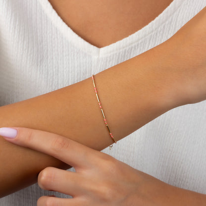 Pink Tourmaline Enameled Beaded Bar Bracelet 14K Solid Gold / Silver, Layered Spaced Design