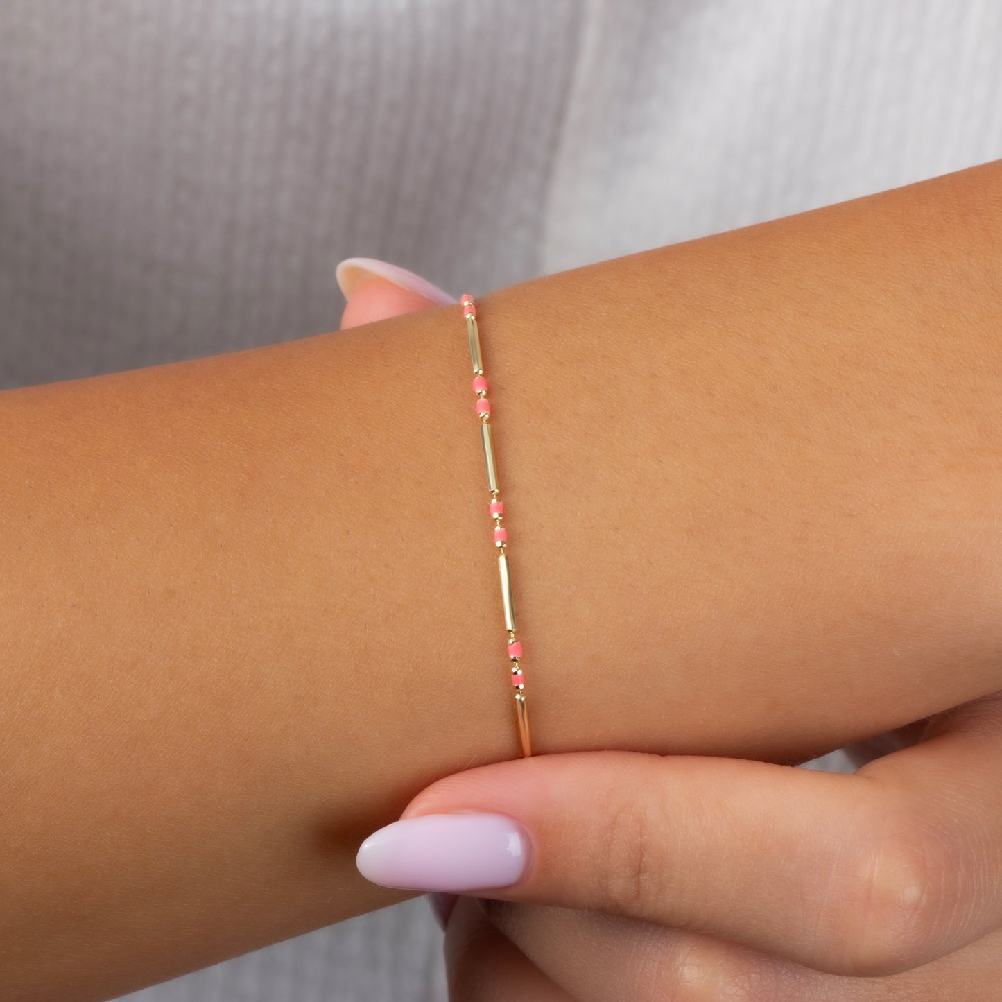 Pink Tourmaline Enameled Beaded Bar Bracelet 14K Solid Gold / Silver, Layered Spaced Design