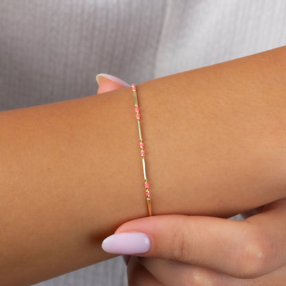 Pink Tourmaline Enameled Beaded Bar Bracelet 14K Solid Gold / Silver, Layered Spaced Design