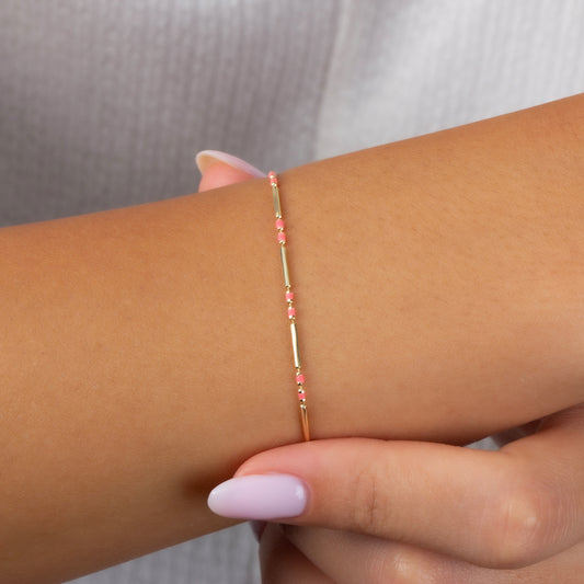 Pink Tourmaline Enameled Beaded Bar Bracelet 14K Solid Gold / Silver, Layered Spaced Design