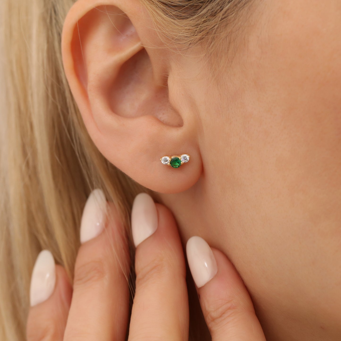 3 Stone Emerald Stud Earrings with Real Diamonds in 10K/14K Solid Gold, May Birthstone