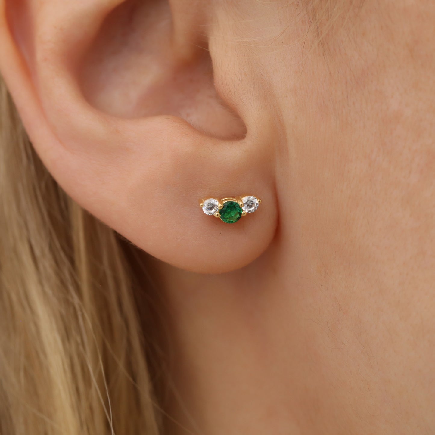 3 Stone Emerald Stud Earrings with Real Diamonds in 10K/14K Solid Gold, May Birthstone