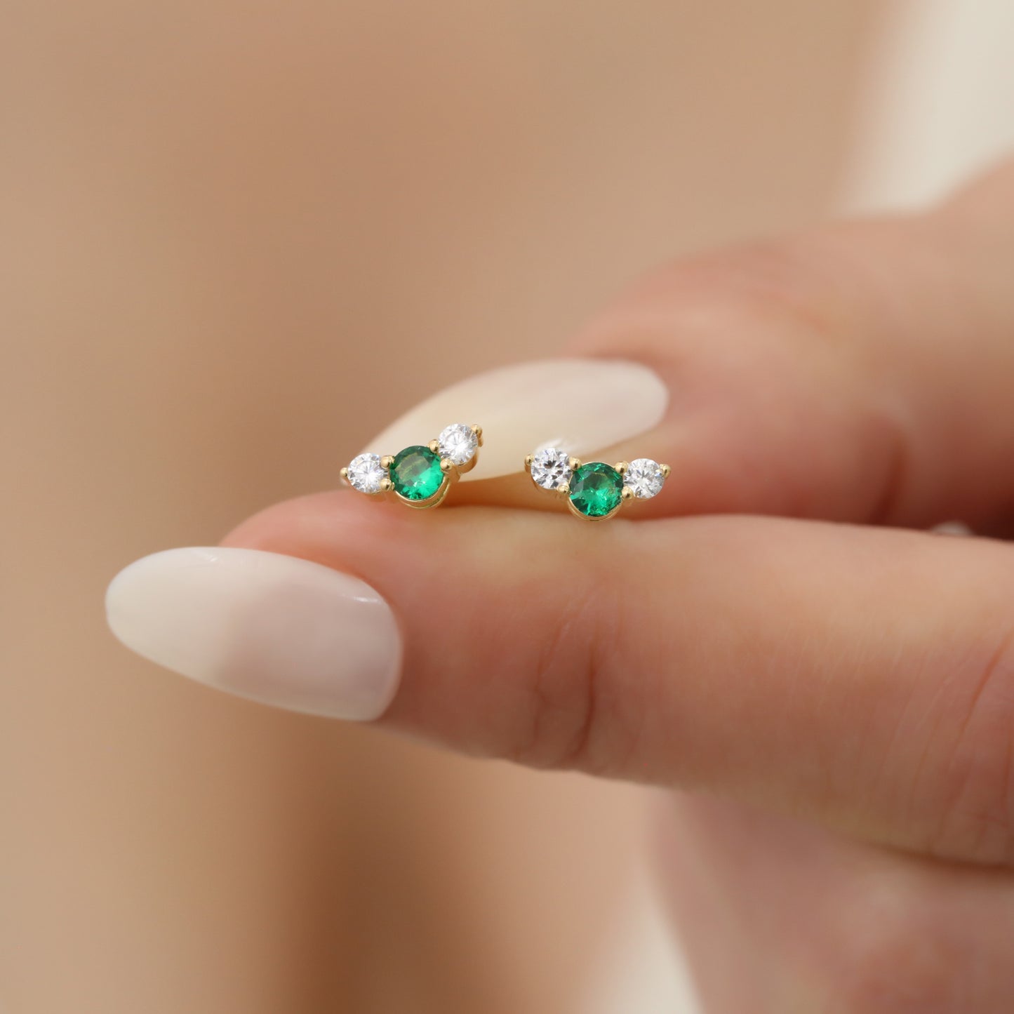3 Stone Emerald Stud Earrings with Real Diamonds in 10K/14K Solid Gold, May Birthstone