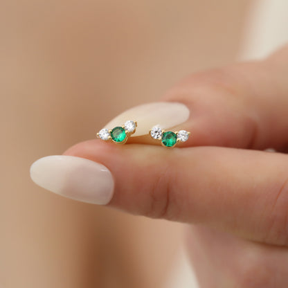 3 Stone Emerald Stud Earrings with Real Diamonds in 10K/14K Solid Gold, May Birthstone