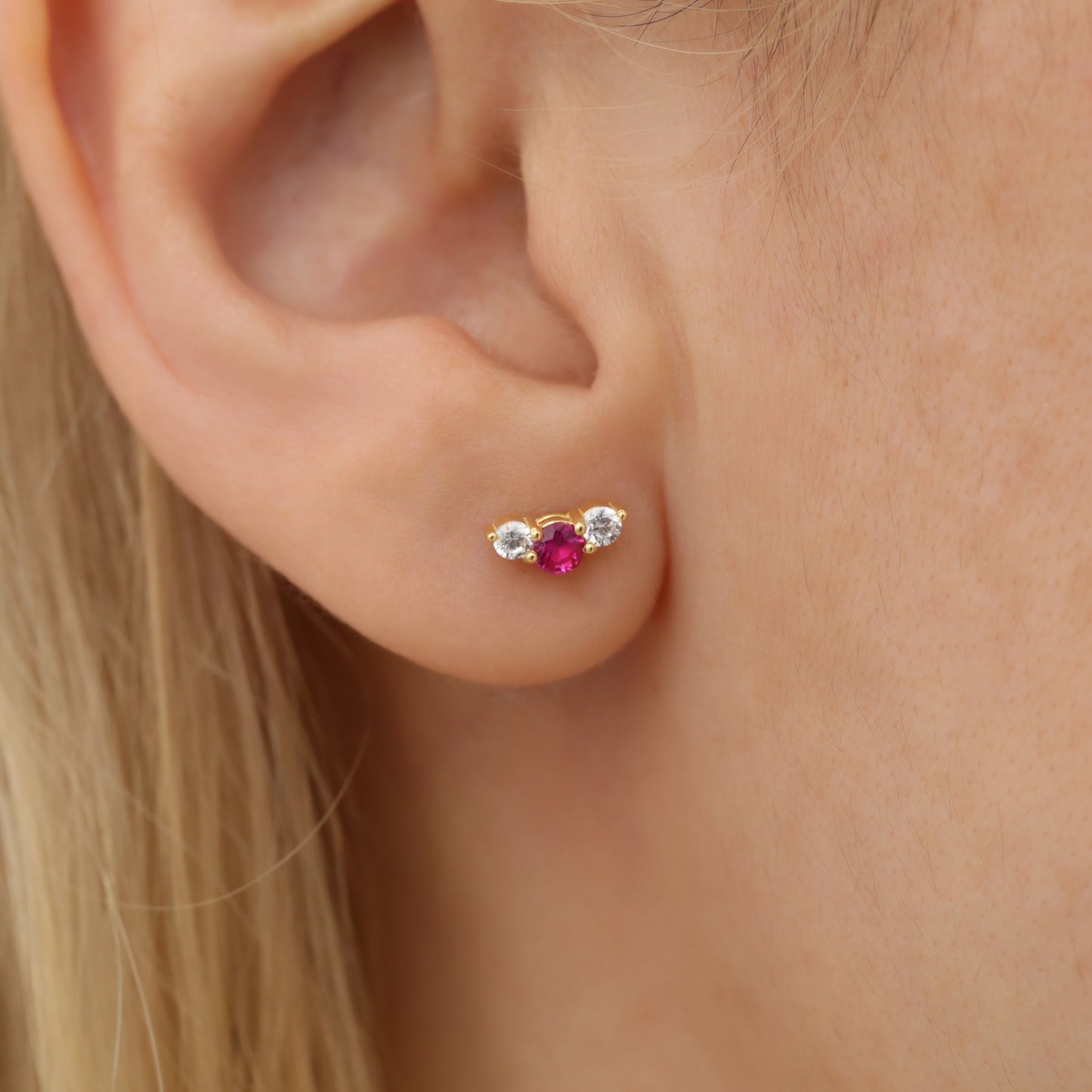 3 Stone Ruby Stud Earrings with Real Diamonds in 10K/14K Solid Gold, July Birthstone