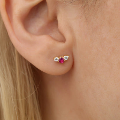 3 Stone Ruby Stud Earrings with Real Diamonds in 10K/14K Solid Gold, July Birthstone